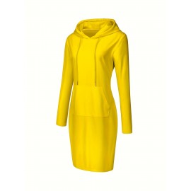 Women's Drawstring Long Sleeve Pocket Active Dress, Solid Color Hooded Casual Sports Dress, Women's Activewear