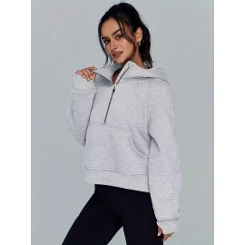 Solid Half Zip Kangaroo Pockets Hoodie, Casual Long Sleeve Hoodie For Spring & Fall, Women's Clothing